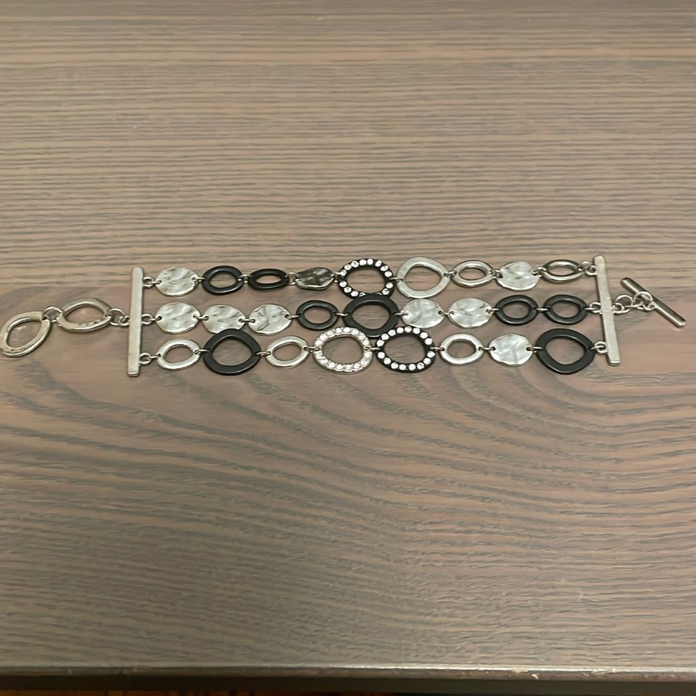 NEW silver/black/rhinestone toggle 3 strand bracelet adjustable two sizes.